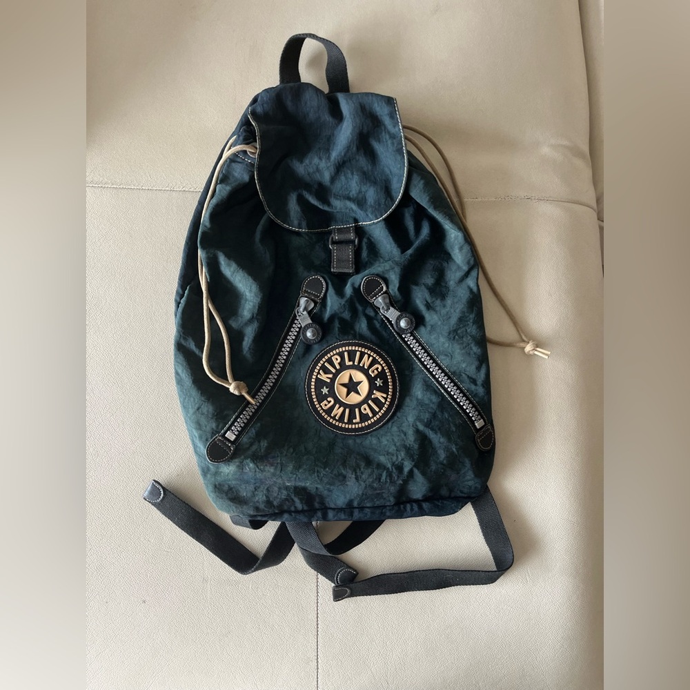 Vintage Kipling Drawstring Rucksack Dark Teal Fabric Bag